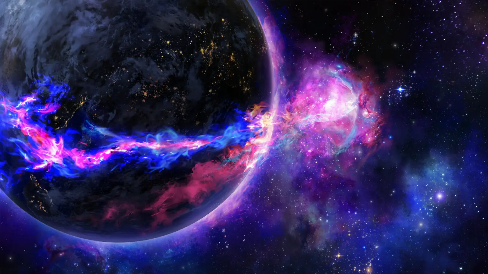 蓝紫色能量环绕星球与星云